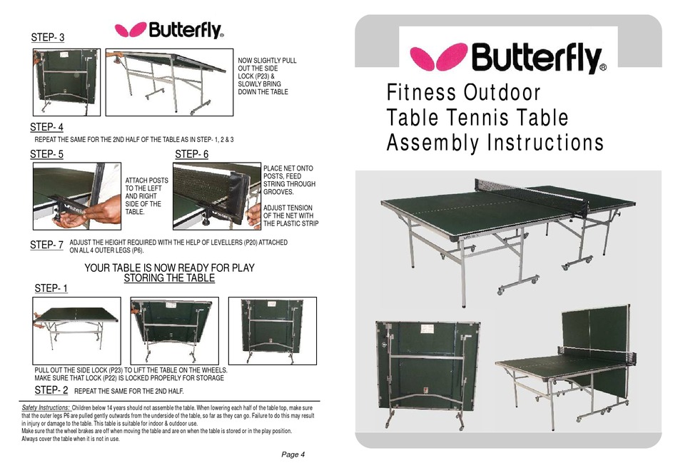 BUTTERFLY FITNESS OUTDOOR TABLE TENNIS TABLE ASSEMBLY INSTRUCTIONS Pdf