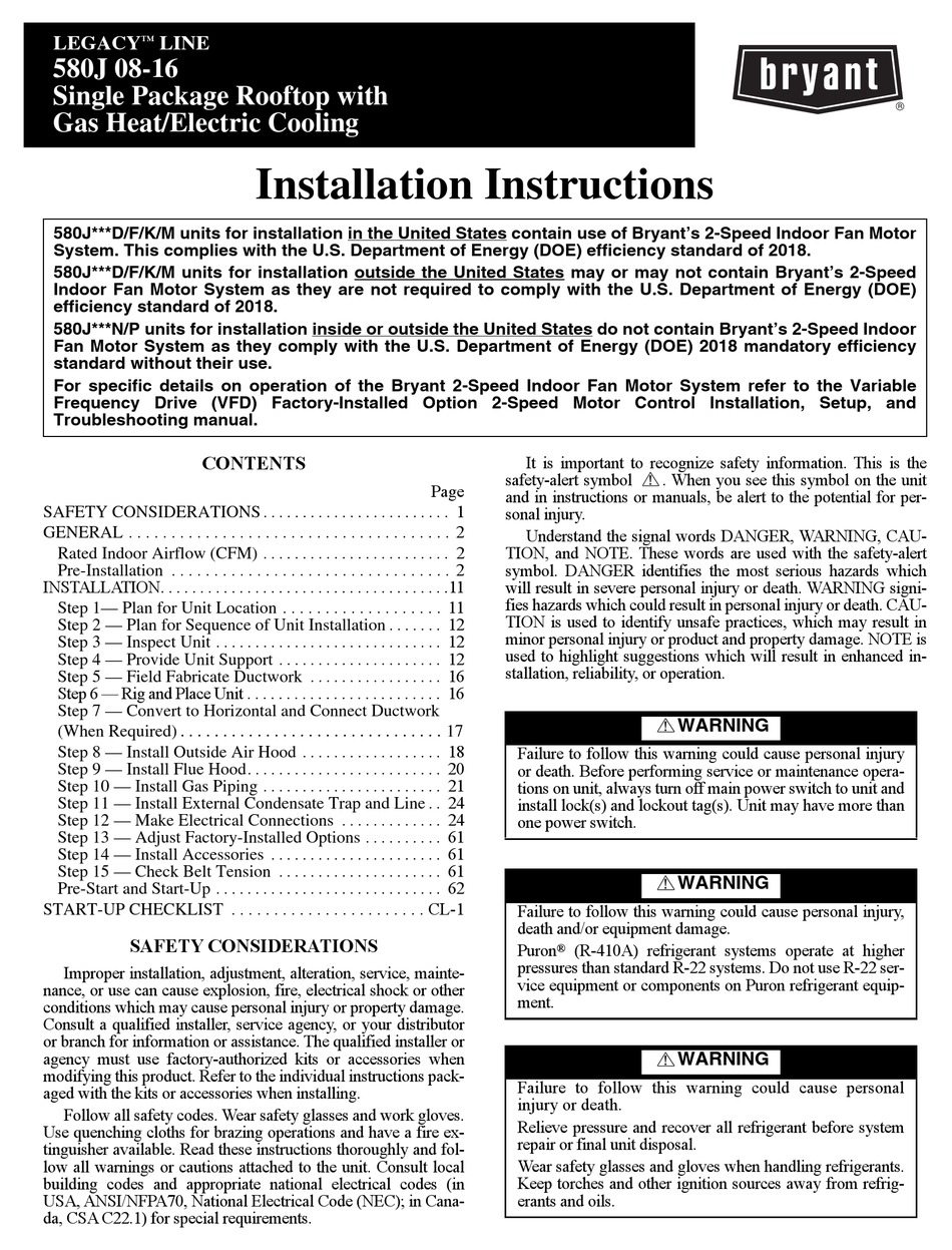BRYANT LEGACY 580J*16 SERIES AIR CONDITIONER INSTALLATION INSTRUCTIONS