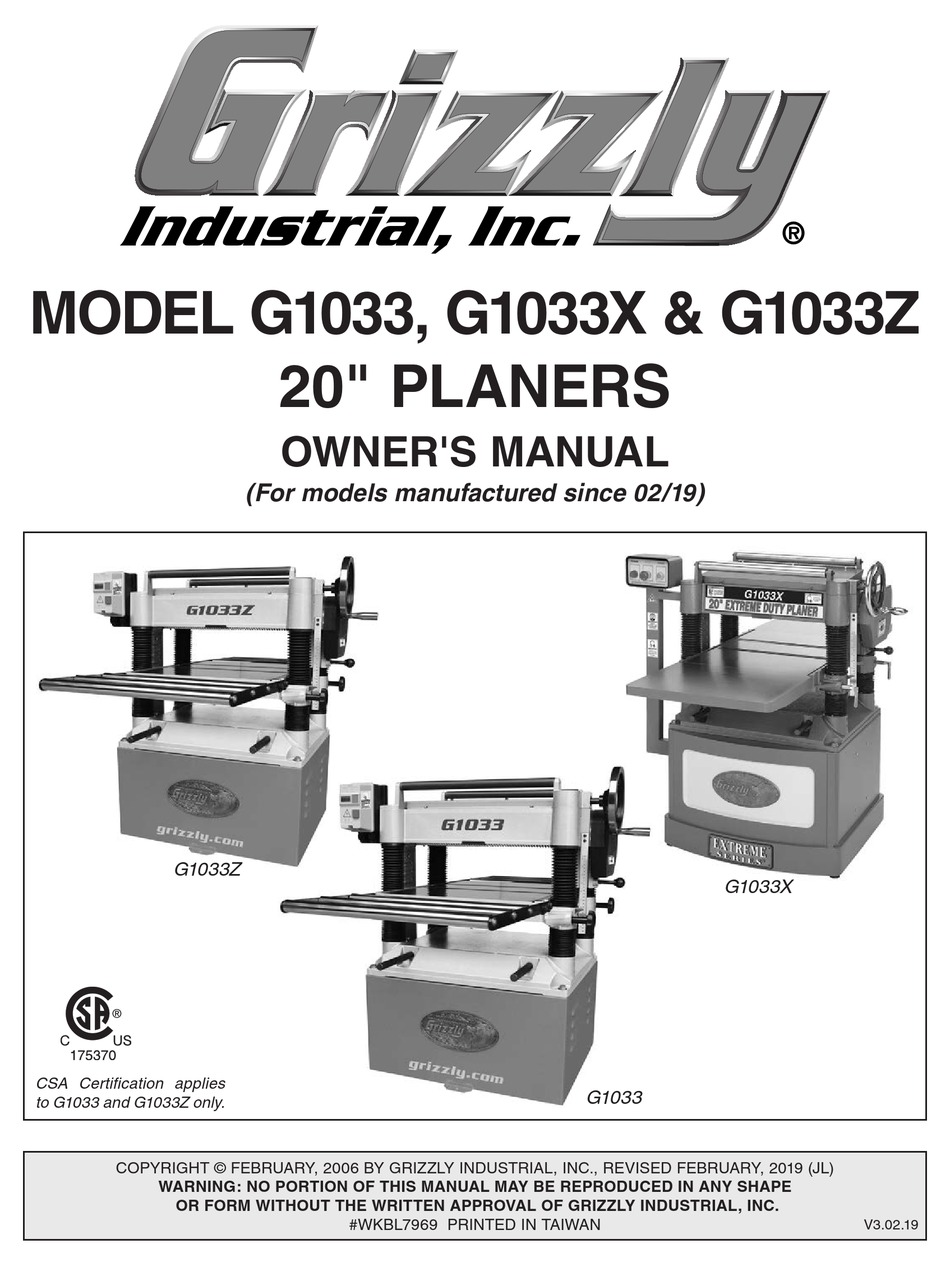 GRIZZLY G1033X PLANER OWNER'S MANUAL ManualsLib