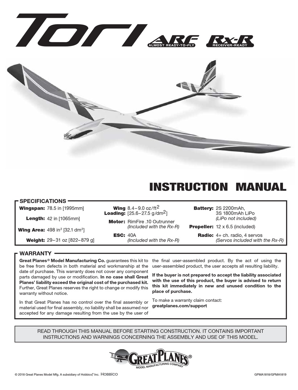 2000mm GPMA1818 Great Planes Tori Electric Glider ARF 