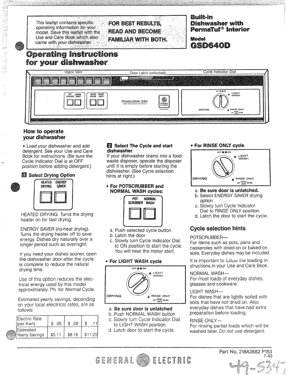 GE GSD640D DISHWASHER OPERATING INSTRUCTIONS ManualsLib
