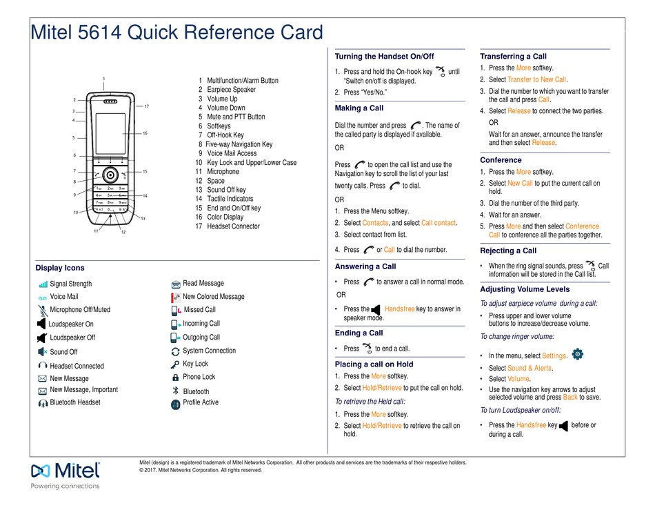 MITEL 5614 TELEPHONE QUICK REFERENCE CARD | ManualsLib