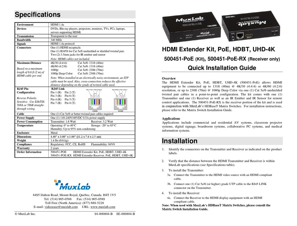 MUXLAB 500451-POE EXTENDER QUICK INSTALLATION MANUAL | ManualsLib