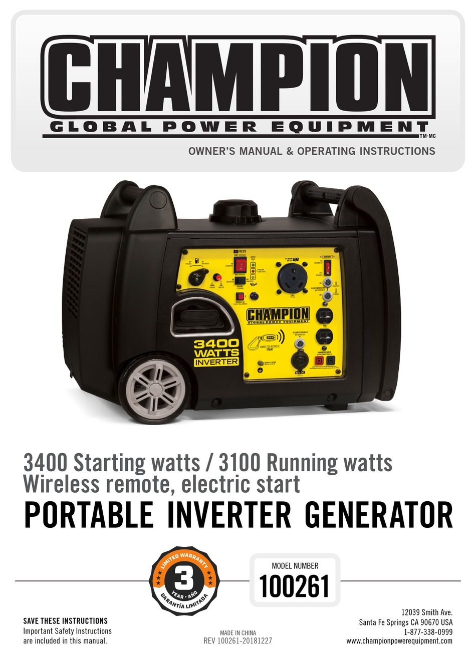 CHAMPION 100261 PORTABLE GENERATOR OWNER