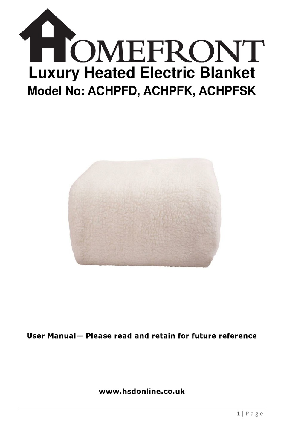 homefront super king size electric blanket
