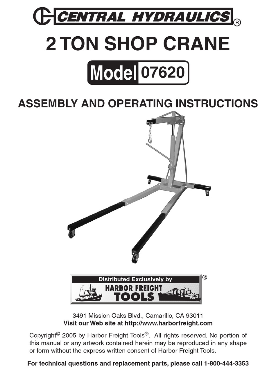 CENTRAL HYDRAULICS 07620 ASSEMBLY AND OPERATING INSTRUCTIONS MANUAL Pdf