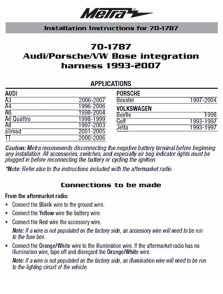 Metra 70-1787 Radio Wiring Harness for VW/Audi Bose Integration 1993-2007 