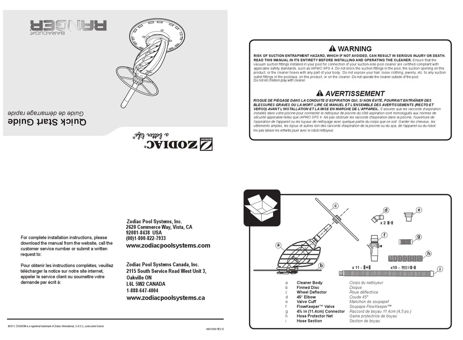 ZODIAC BARACUDA RANGER SWIMMING POOL VACUUM QUICK START MANUALS