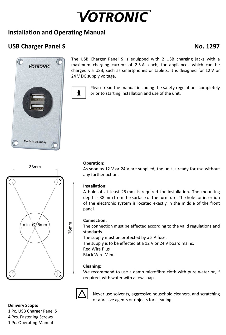 VOTRONIC USB CHARGER PANEL S INSTALLATION AND OPERATING MANUAL Pdf Download