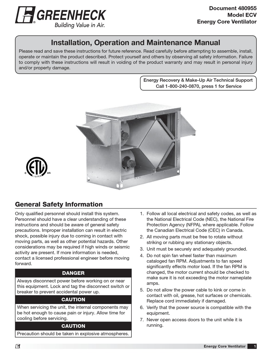 GREENHECK ECV SERIES FAN INSTALLATION, OPERATION AND MAINTENANCE MANUAL ...