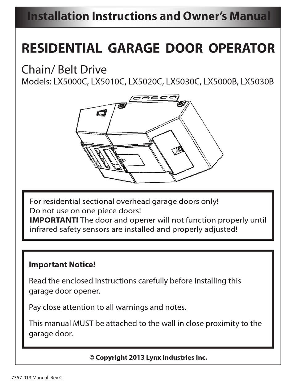 LYNX INDUSTRIES LX5000C GARAGE DOOR OPENER INSTALLATION INSTRUCTIONS