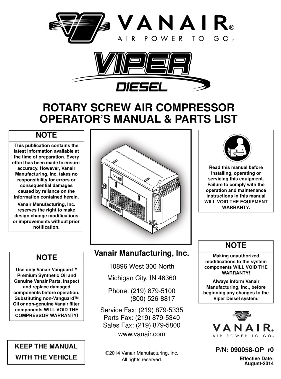 VANAIR VIPER SERIES AIR COMPRESSOR OPERATOR