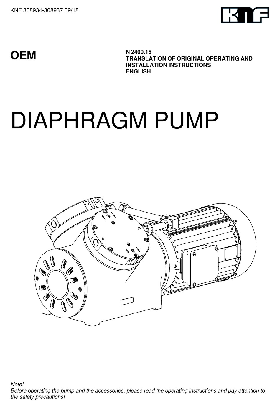 KNF N 2400.15 WATER PUMP OPERATING AND INSTALLATION INSTRUCTIONS