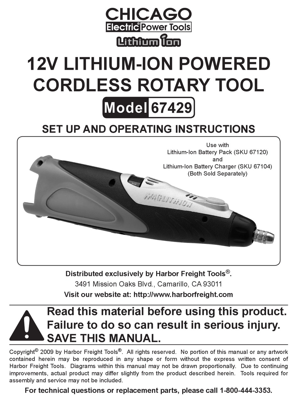CHICAGO ELECTRIC 67429 POWER TOOL SET UP AND OPERATING INSTRUCTIONS