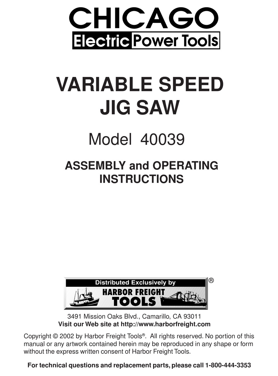 CHICAGO ELECTRIC 40039 POWER TOOL ASSEMBLY AND OPERATING INSTRUCTIONS