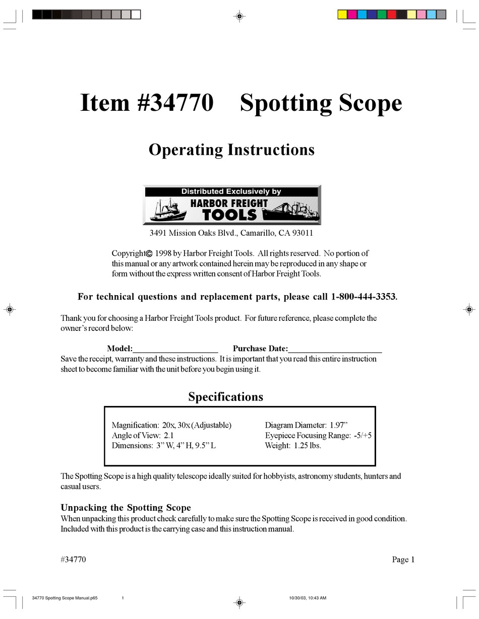 HARBOR FREIGHT TOOLS 34770 TELESCOPE OPERATING INSTRUCTIONS ManualsLib