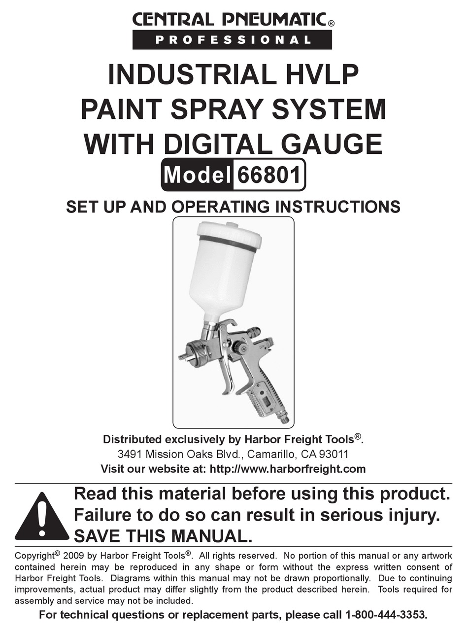 CENTRAL PNEUMATIC 66801 PAINT SPRAYER SET UP AND OPERATING INSTRUCTIONS MANUAL ManualsLib