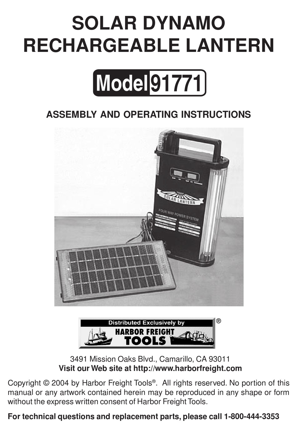 HARBOR FREIGHT TOOLS 91771 LANTERN ASSEMBLY AND OPERATING INSTRUCTIONS