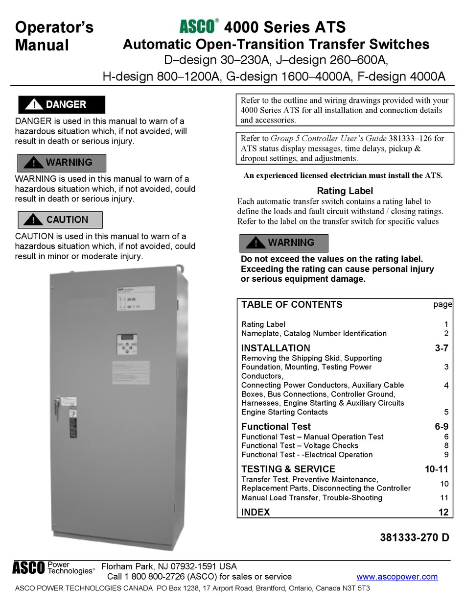 ASCO 4000 SERIES SWITCH OPERATOR'S MANUAL ManualsLib