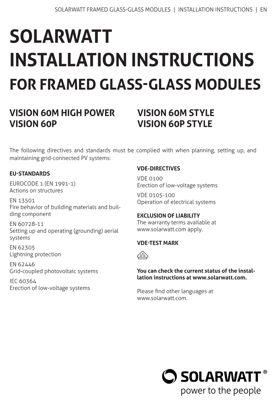 SOLARWATT VISION 60M HIGH POWER SOLAR PANEL INSTALLATION INSTRUCTIONS ...