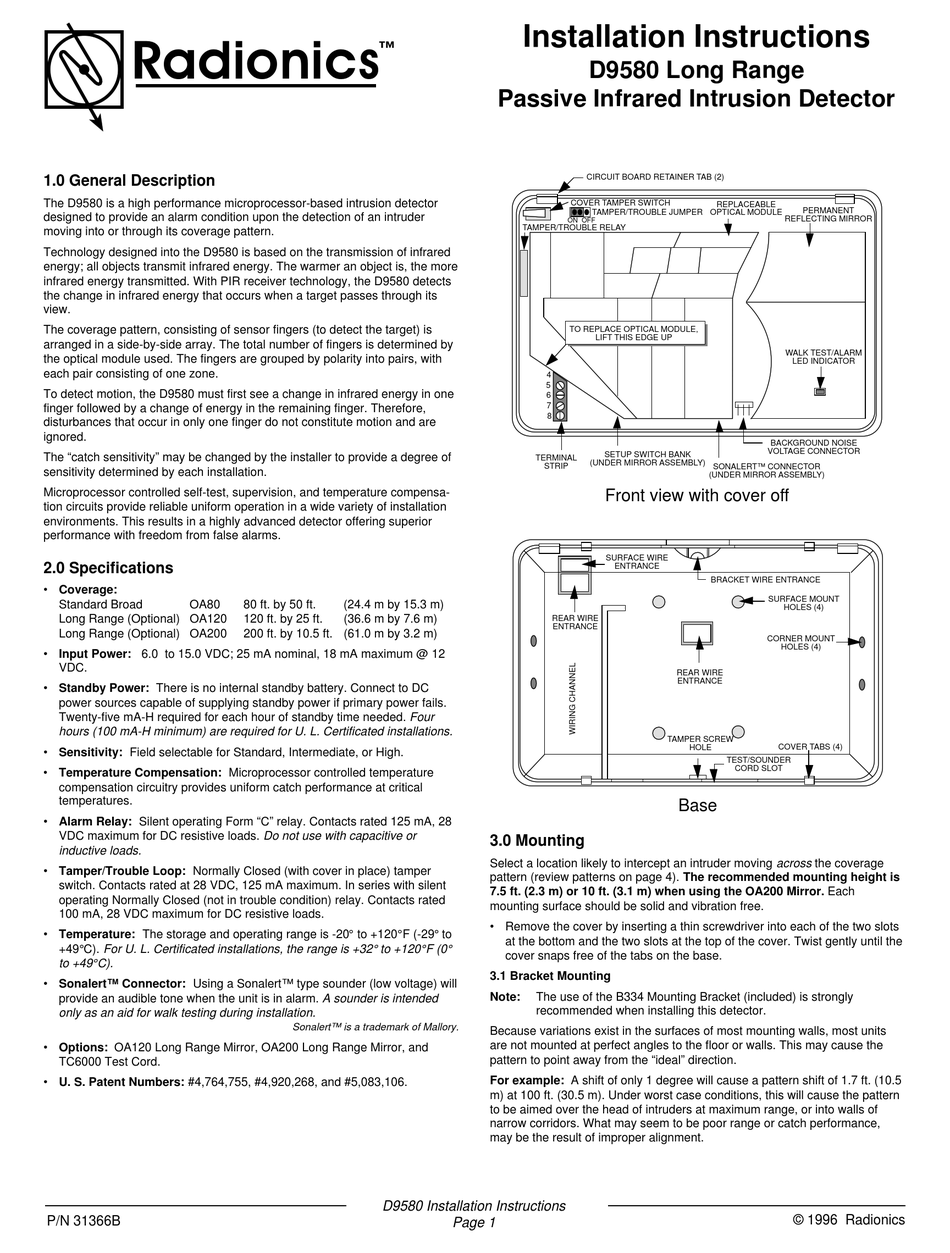RADIONICS D9580 SECURITY SENSOR INSTALLATION INSTRUCTIONS ManualsLib
