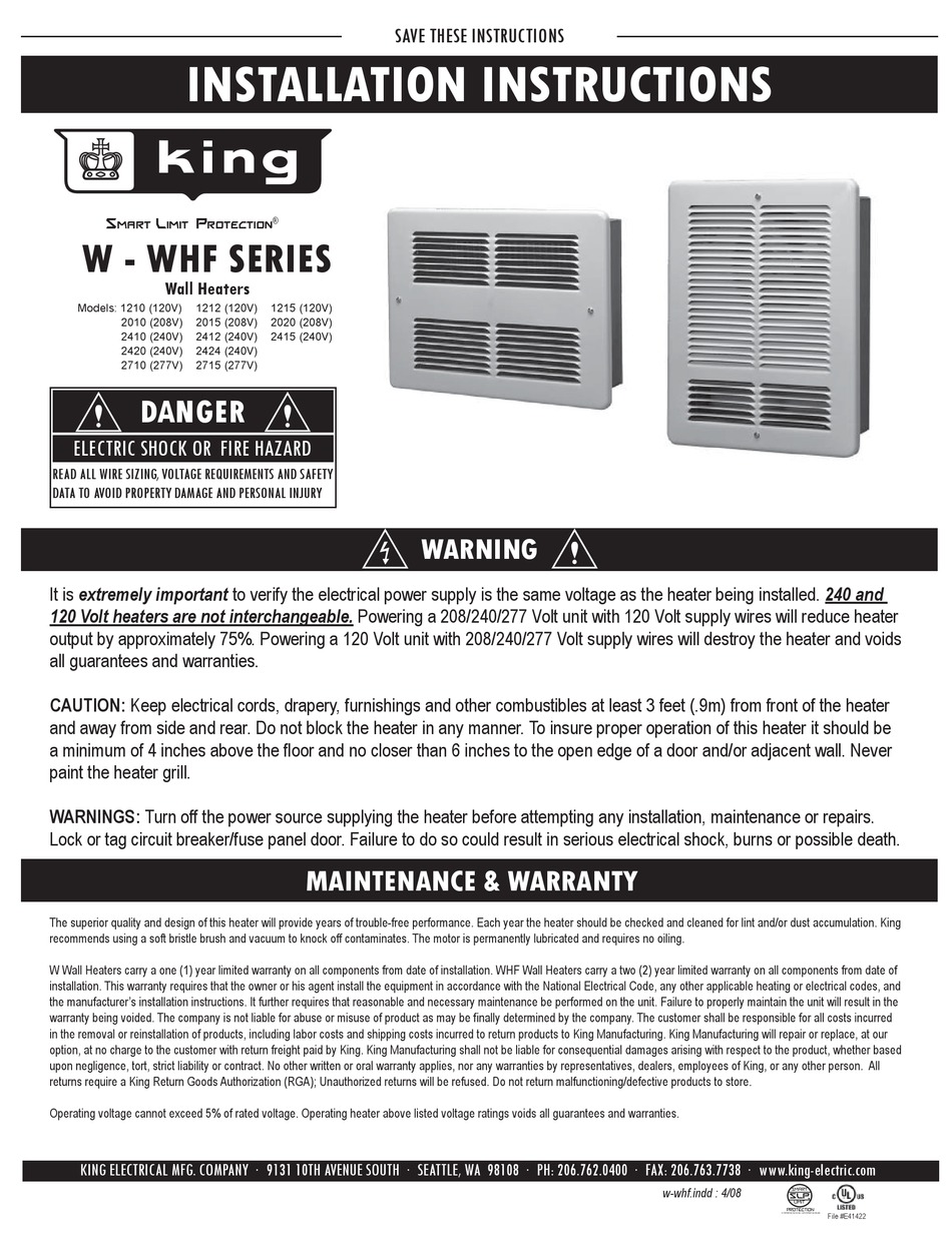 KING W SERIES HEATER INSTALLATION INSTRUCTIONS MANUAL ManualsLib