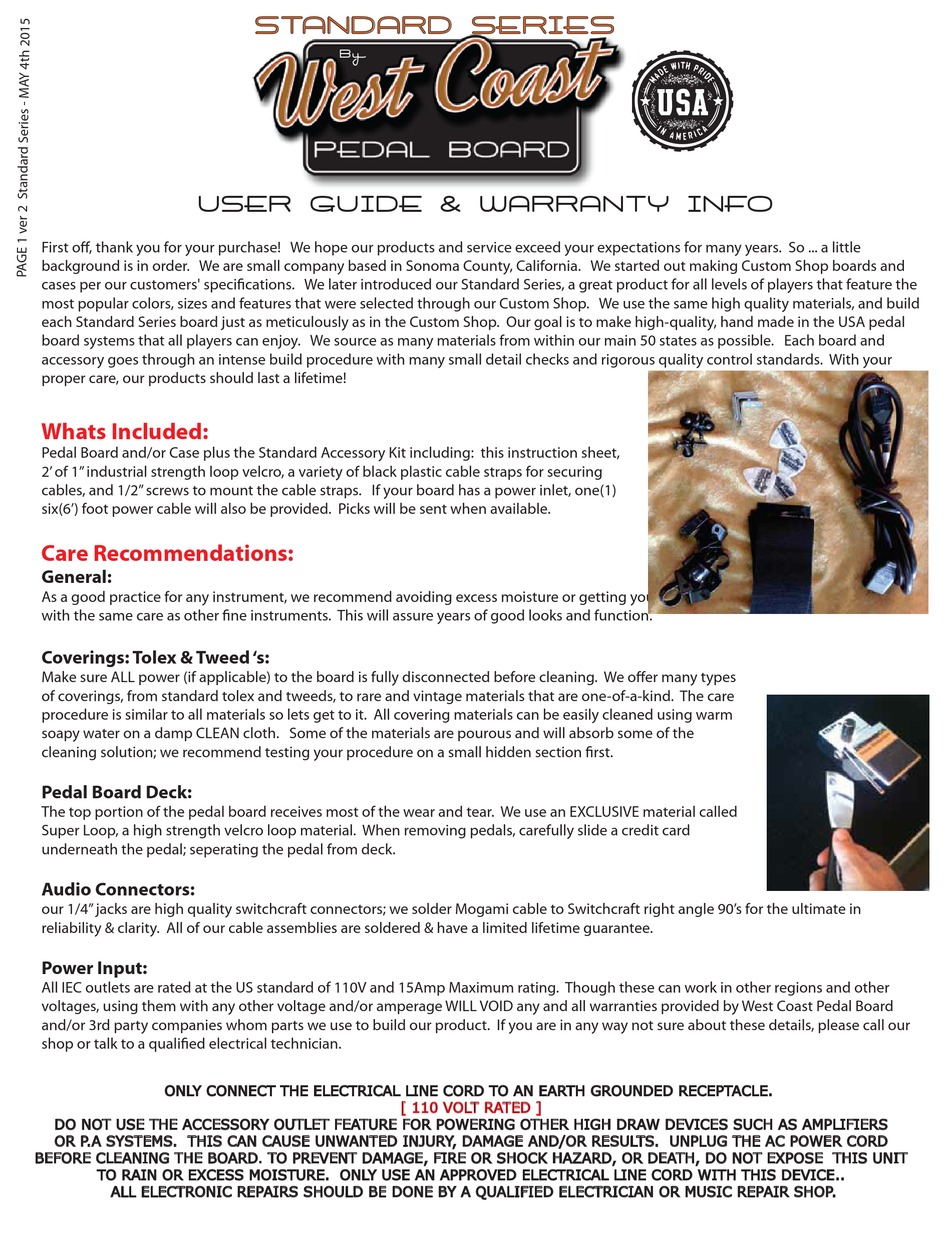 WEST COAST STANDARD SERIES MUSIC PEDAL USER MANUAL & WARRANTY