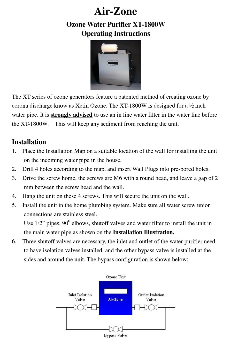 AIRZONE INC. XT1800W WATER FILTRATION SYSTEM OPERATING INSTRUCTIONS