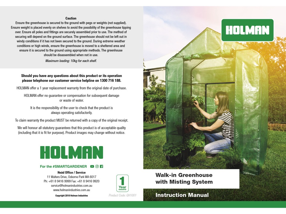 HOLMAN GH1001 GREENHOUSE KIT INSTRUCTION MANUAL ManualsLib