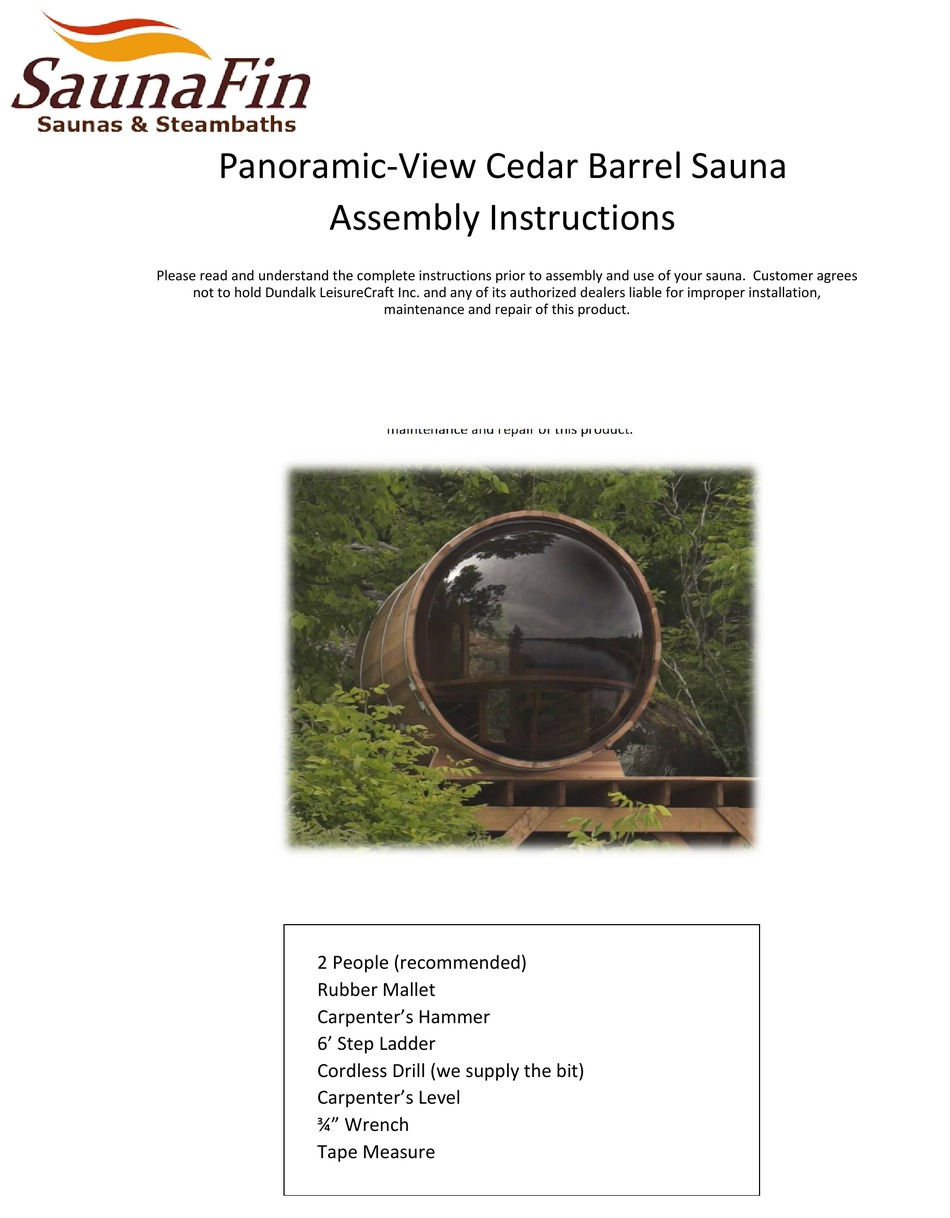 SAUNAFIT PANORAMICVIEW CEDAR BARREL ASSEMBLY INSTRUCTIONS MANUAL Pdf
