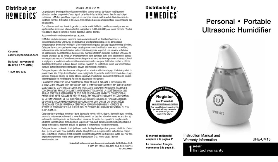 HOMEDICS UHECM15 HUMIDIFIER INSTRUCTION MANUAL AND WARRANTY