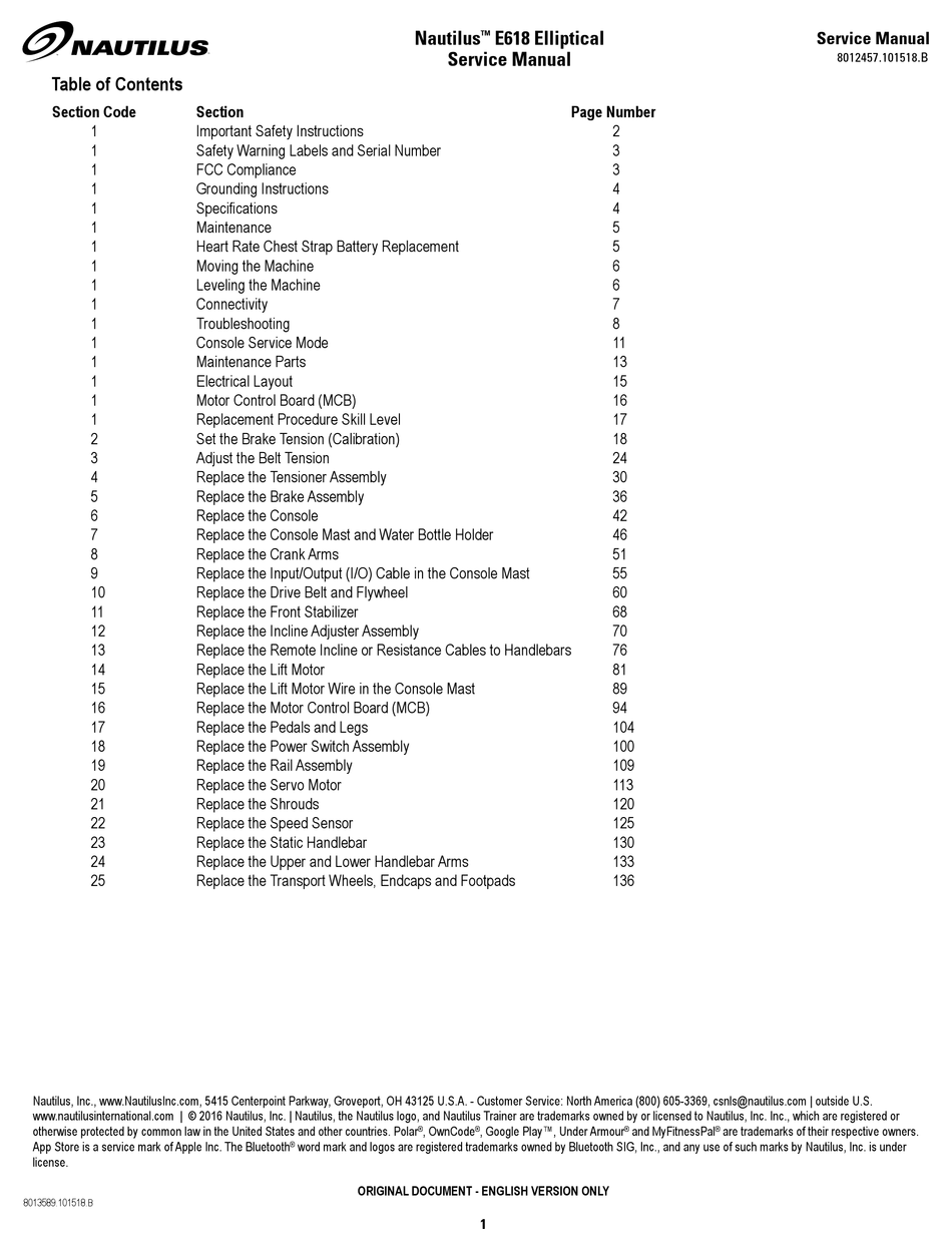 NAUTILUS E618 ELLIPTICAL TRAINER SERVICE MANUAL ManualsLib