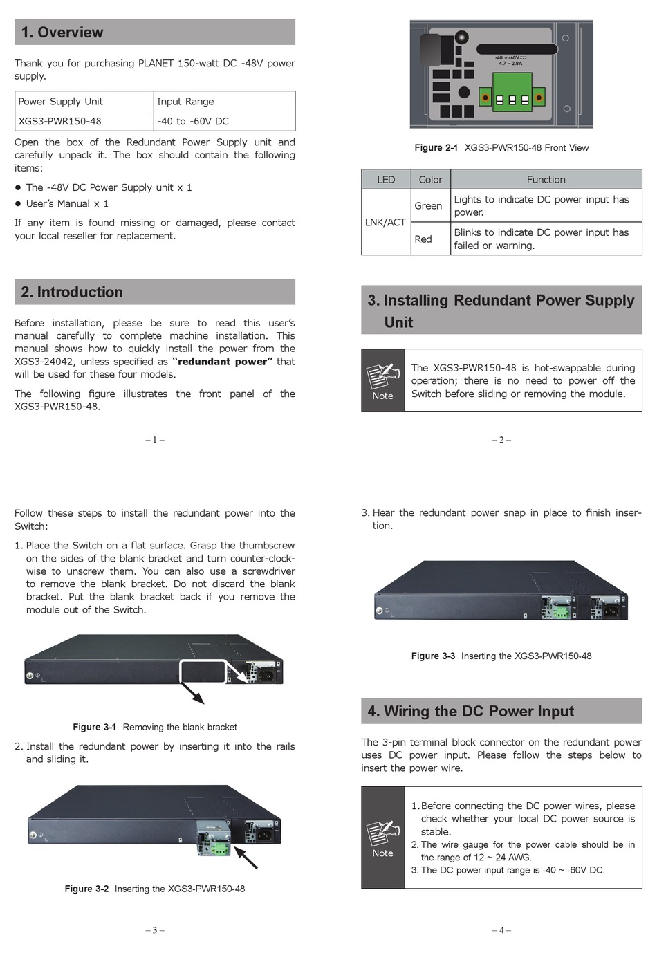 PLANET XGS3-PWR150-48 POWER SUPPLY USER MANUAL | ManualsLib