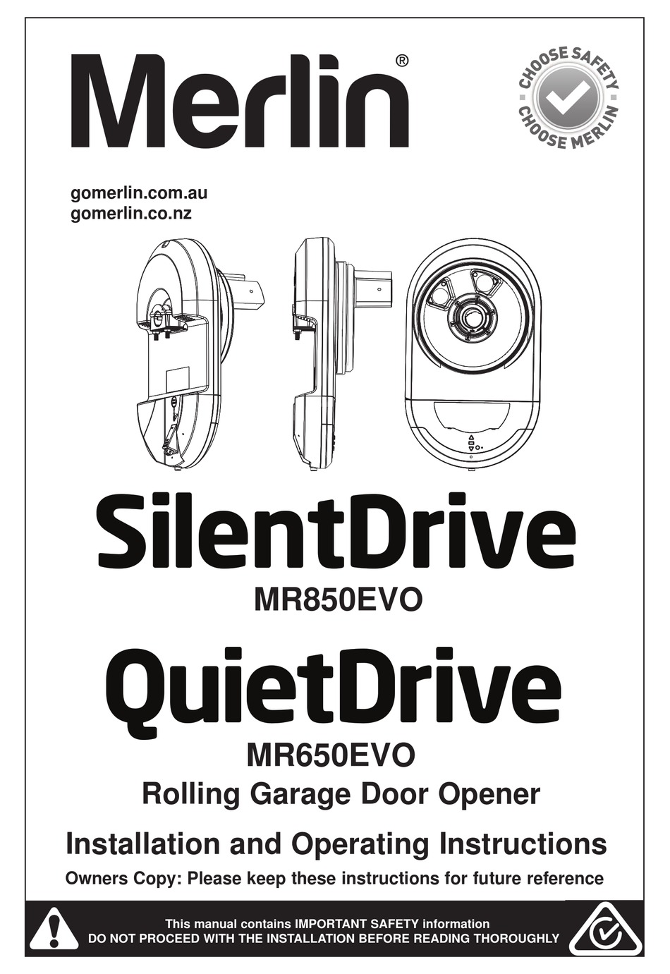 MERLIN SILENTDRIVE MR850EVO GARAGE DOOR OPENER INSTALLATION AND