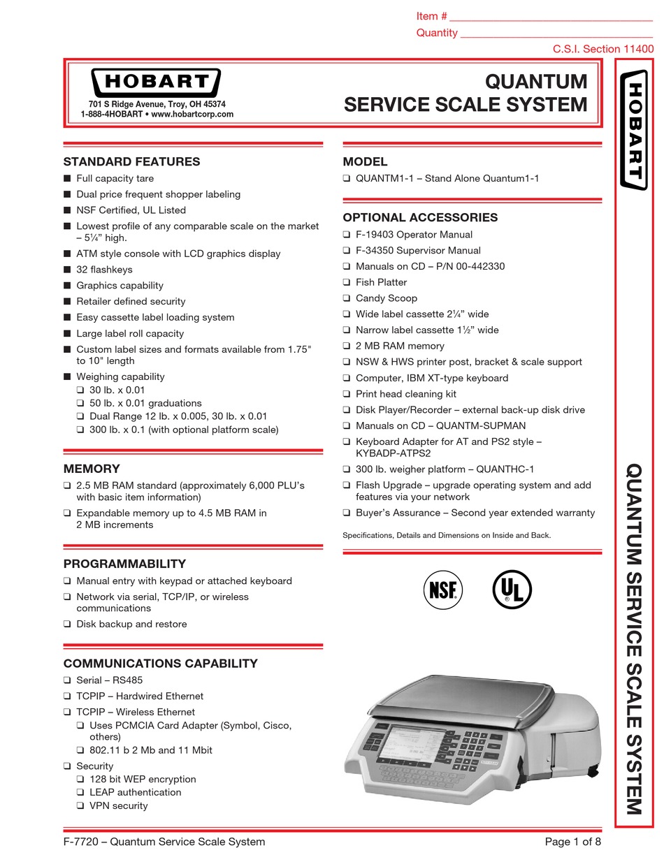 HOBART QUANTM1-1 OPERATOR'S MANUAL Pdf Download | ManualsLib