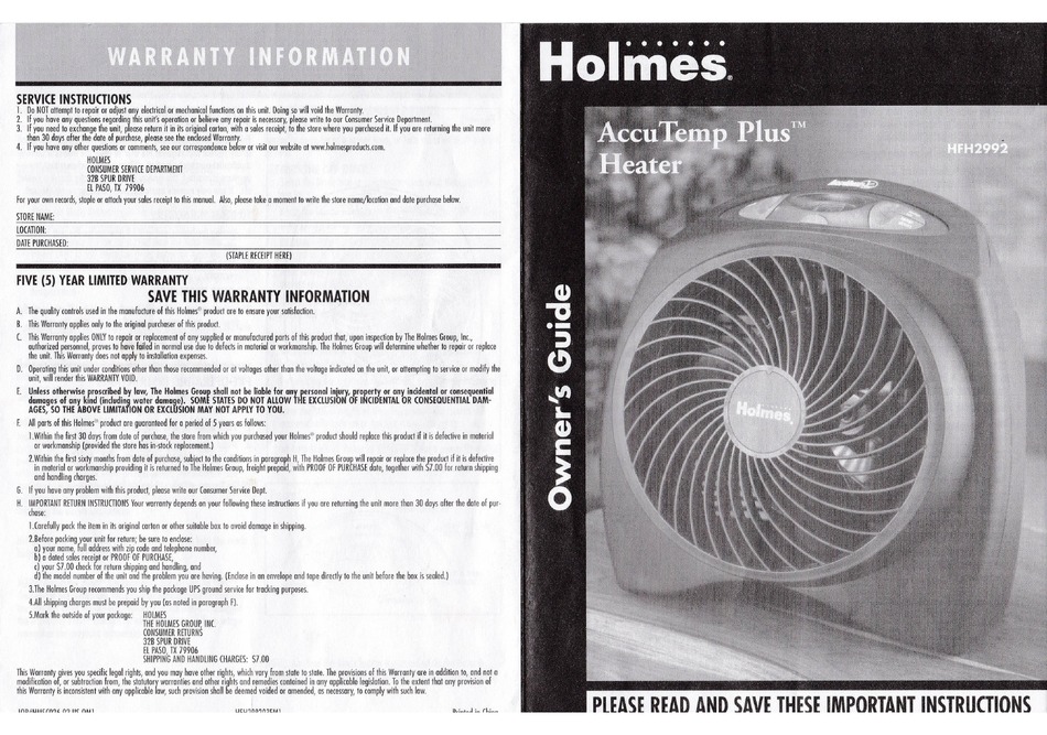 HOLMES ACCUTEMP PLUS HEATER OWNER