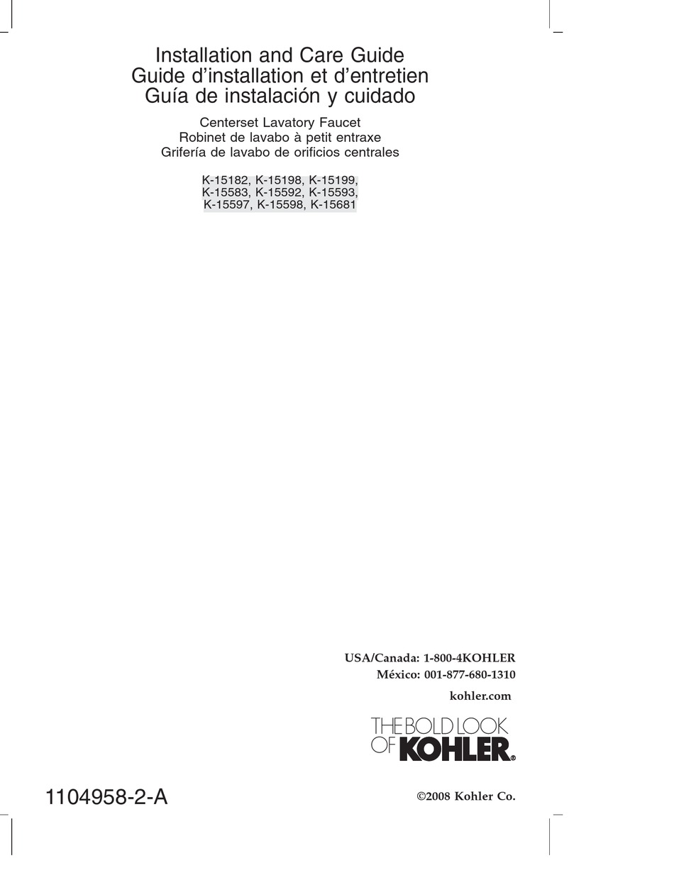 KOHLER K-15182 INSTALLATION AND CARE MANUAL Pdf Download | ManualsLib