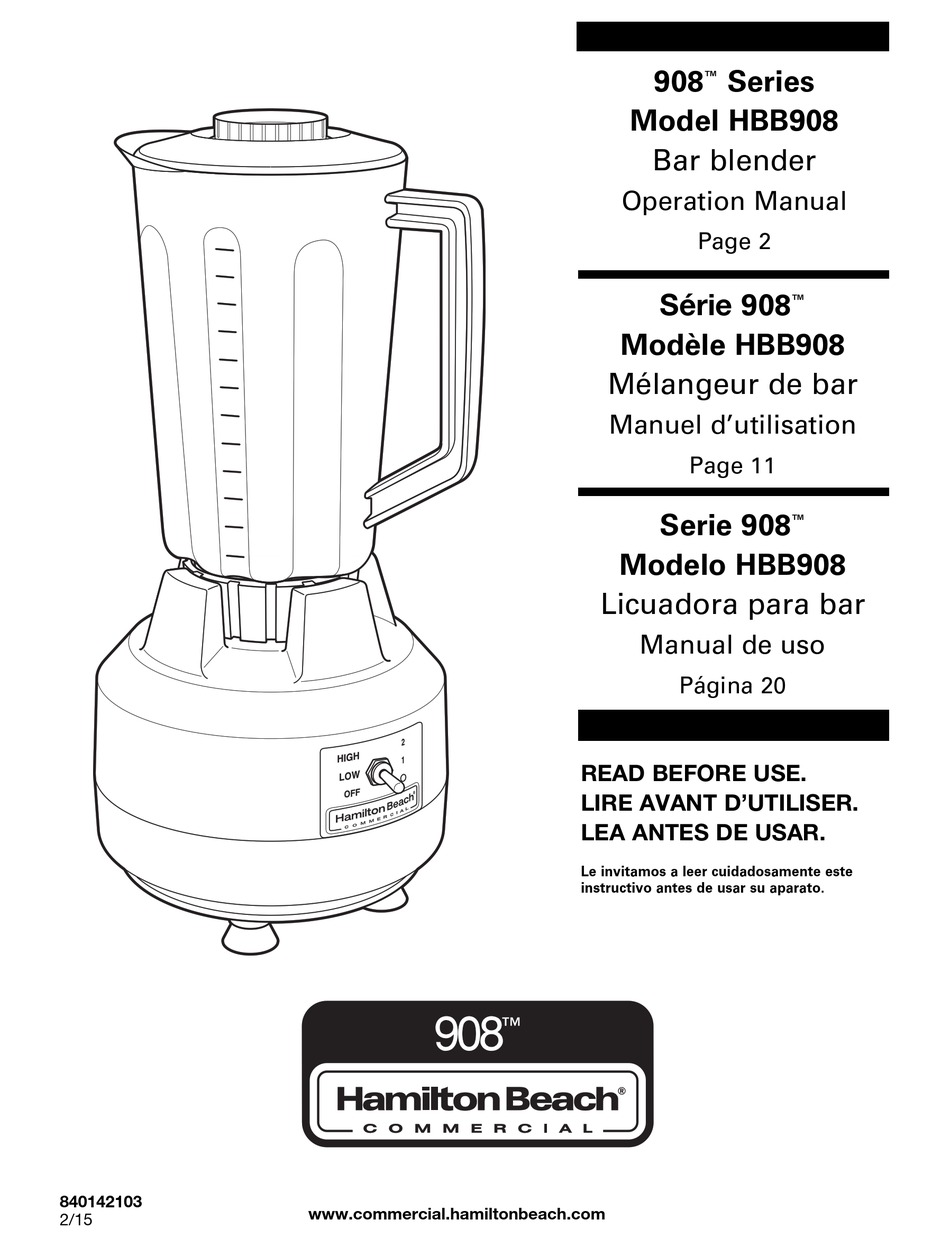 HAMILTON BEACH 908 SERIES BLENDER OPERATION MANUAL ManualsLib