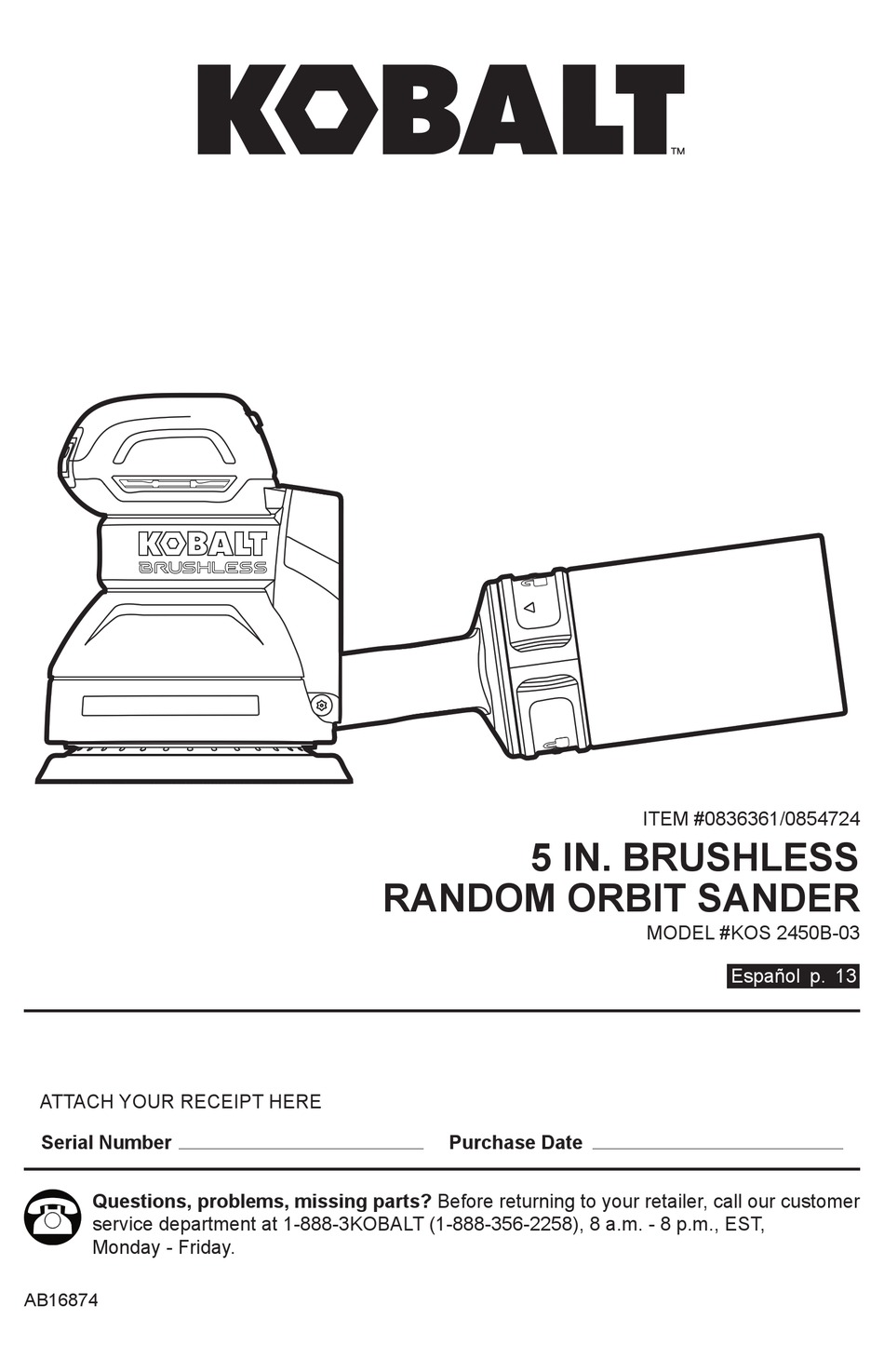 KOBALT 5 IN. BRUSHLESS RANDOM ORBIT SANDER SANDER OPERATING