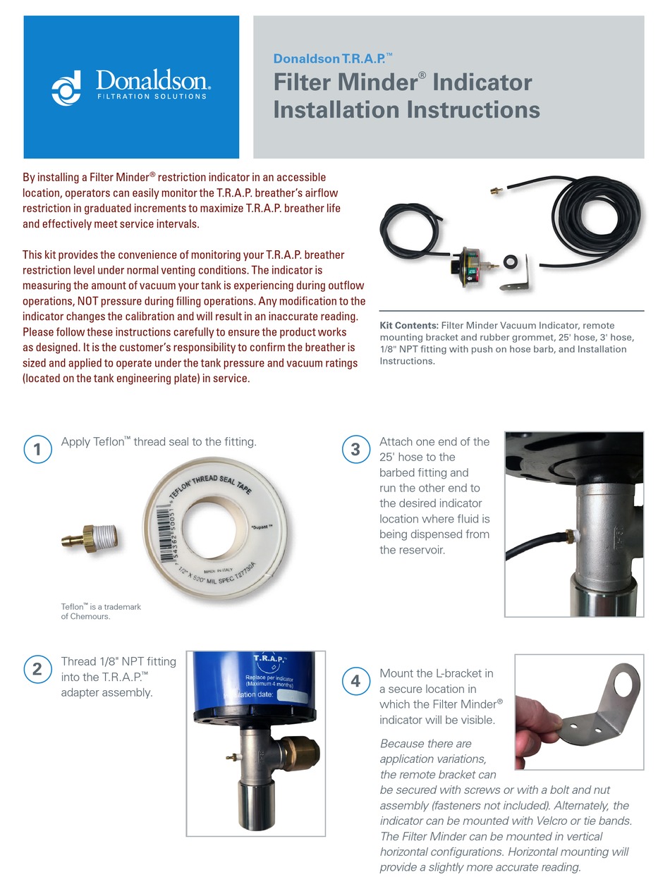 DONALDSON FILTER MINDER INDICATOR TOUCH PANEL INSTALLATION INSTRUCTIONS