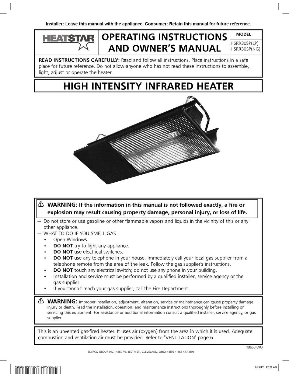 HEATSTAR HSRR30SP(LP) HEATER OPERATING INSTRUCTIONS AND OWNER'S MANUAL
