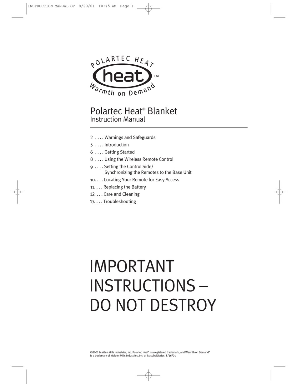 POLARTEC HEAT BLANKET INSTRUCTION MANUAL Pdf Download ManualsLib