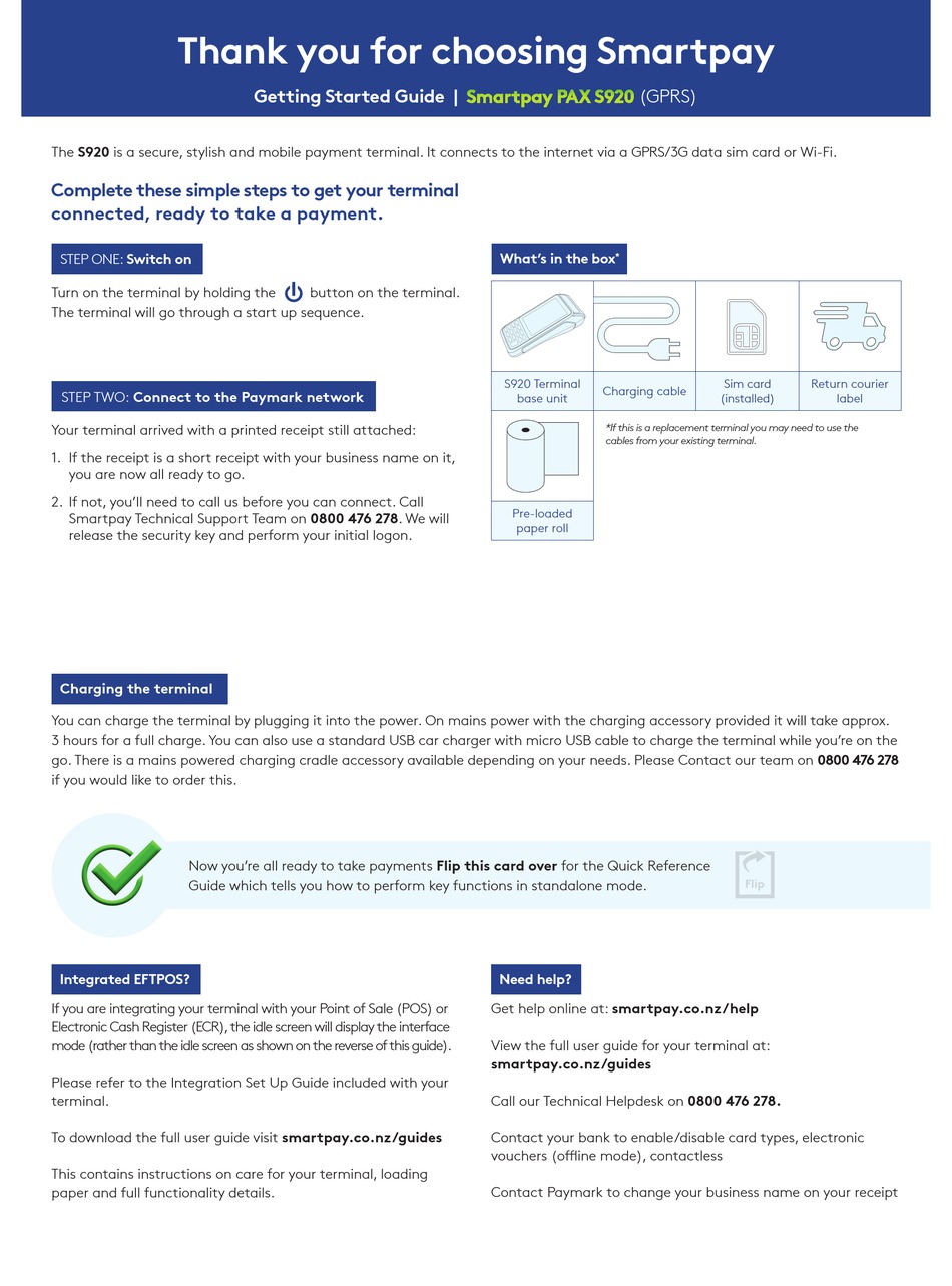 SMARTPAY PAX S920 GETTING STARTED MANUAL Pdf Download | ManualsLib