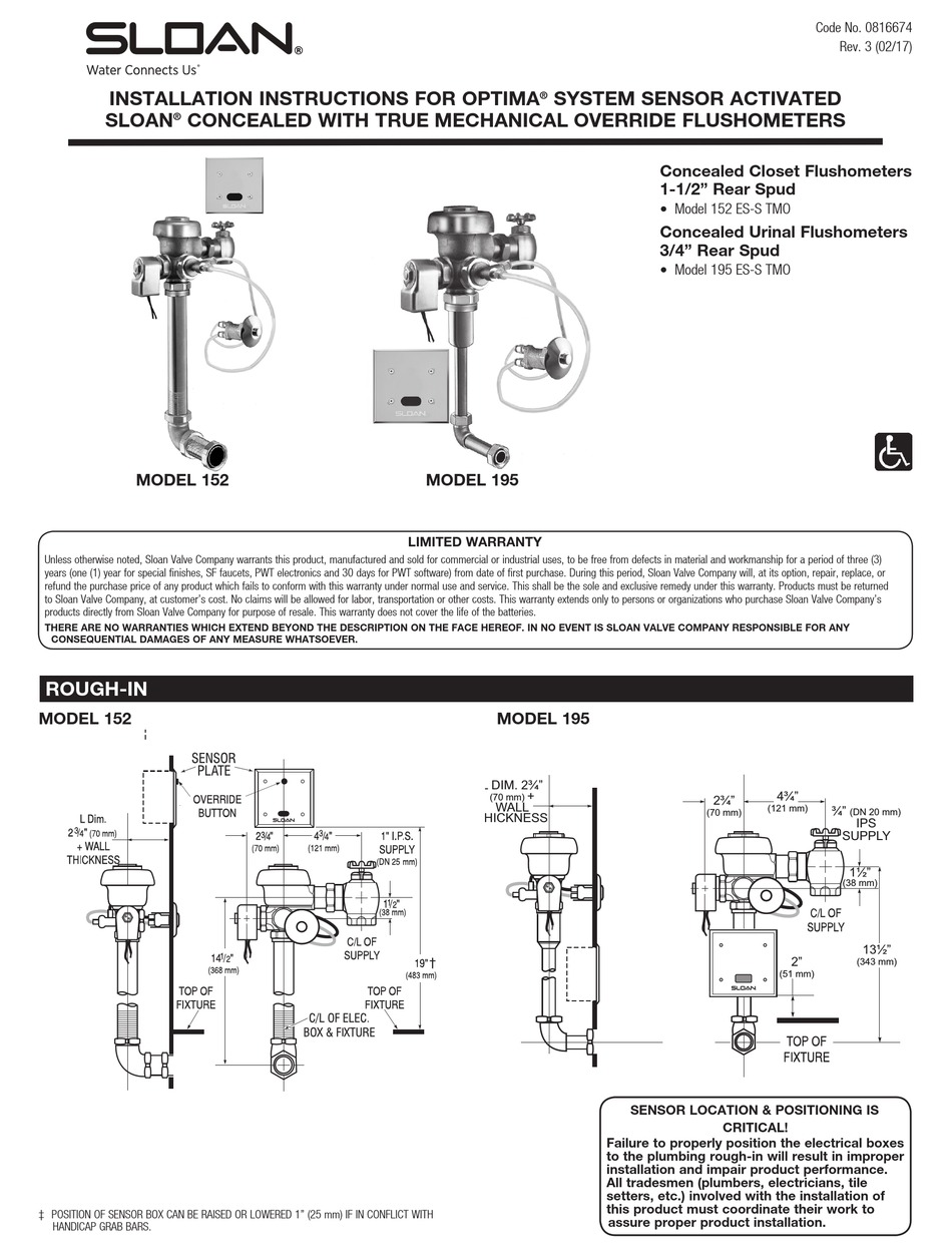 SLOAN 152 SERIES INSTALLATION INSTRUCTIONS MANUAL Pdf Download | ManualsLib