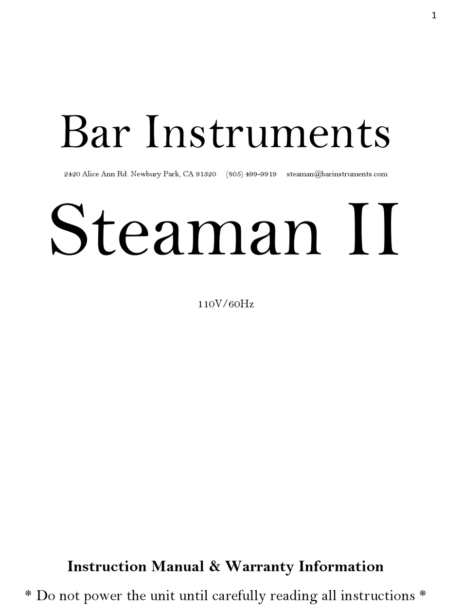 BAR INSTRUMENTS STEAMAN II STEAM CLEANER INSTRUCTION MANUAL & WARRANTY INFORMATION ManualsLib