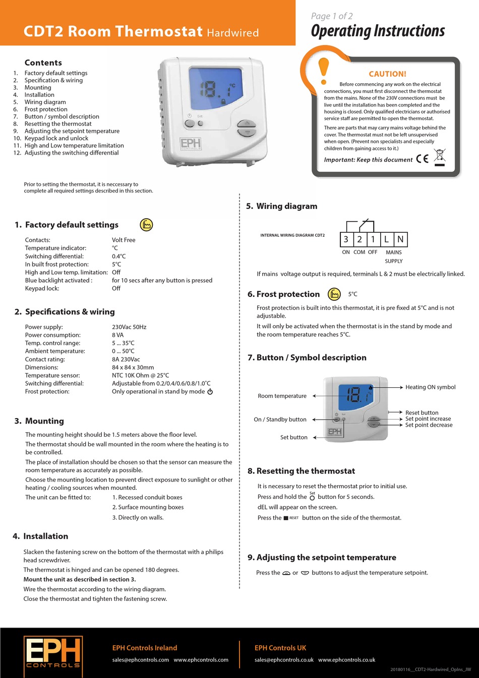 EPH CDT2 THERMOSTAT OPERATING INSTRUCTIONS | ManualsLib