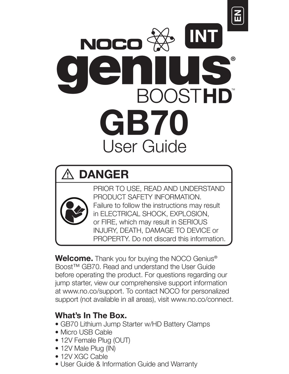 NOCO GENIUS BOOST HD GB70 USER MANUAL Pdf Download | ManualsLib