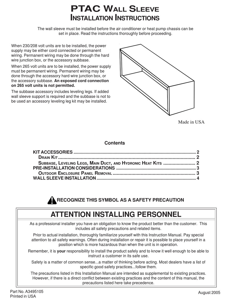 PTAC WALL SLEEVE INDOOR FURNISHING INSTALLATION INSTRUCTIONS ManualsLib