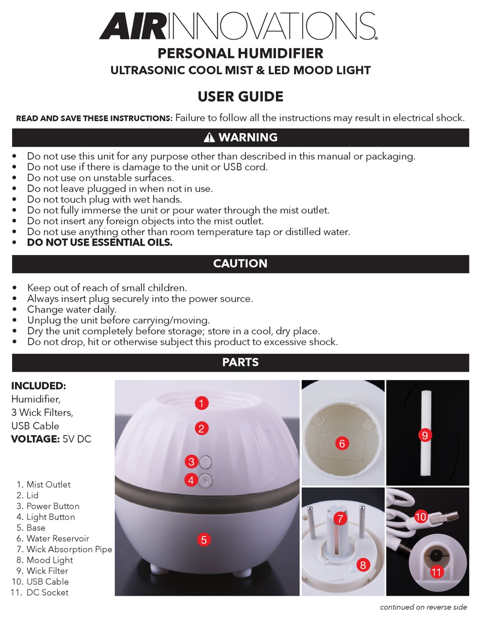 AIRINNOVATIONS PERSONAL HUMIDIFIER HUMIDIFIER USER MANUAL ManualsLib