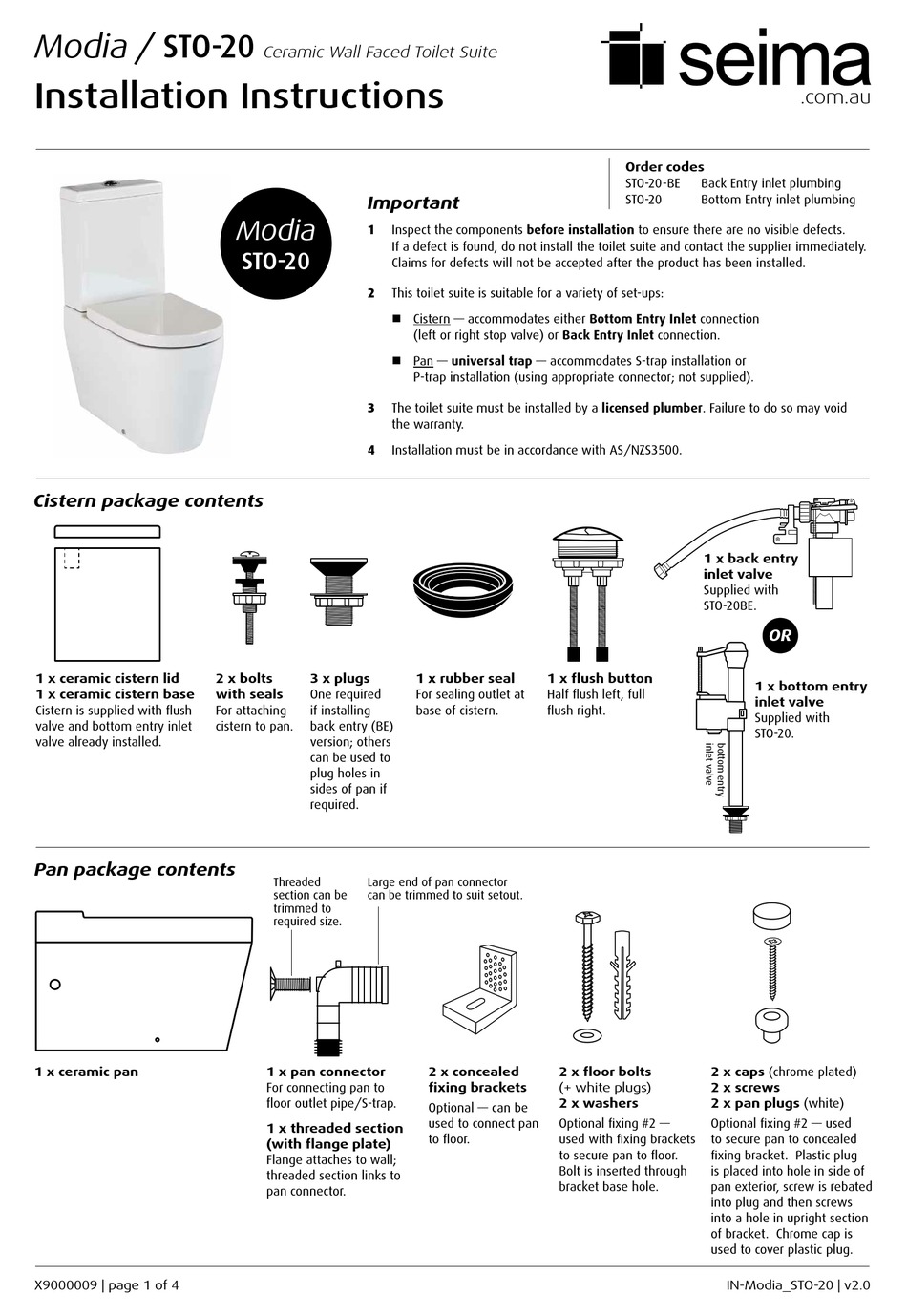 SEIMA MODIA STO20 TOILET INSTALLATION INSTRUCTIONS ManualsLib